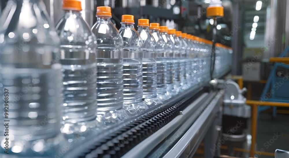 Conveyor Belt of Clear Plastic Bottles with Yellow Caps Conveyor Belt of Clear Plastic Bottles with Yellow Caps