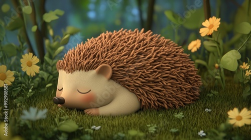 A cute, stylized hedgehog sleeping among flowers in a serene forest setting.