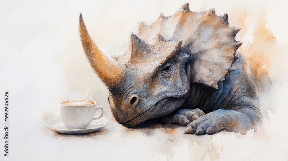 A whimsical illustration of a triceratops beside a coffee cup, blending prehistoric charm with modern comfort. A whimsical illustration of a triceratops beside a coffee cup, blending prehistoric charm with modern comfort.
