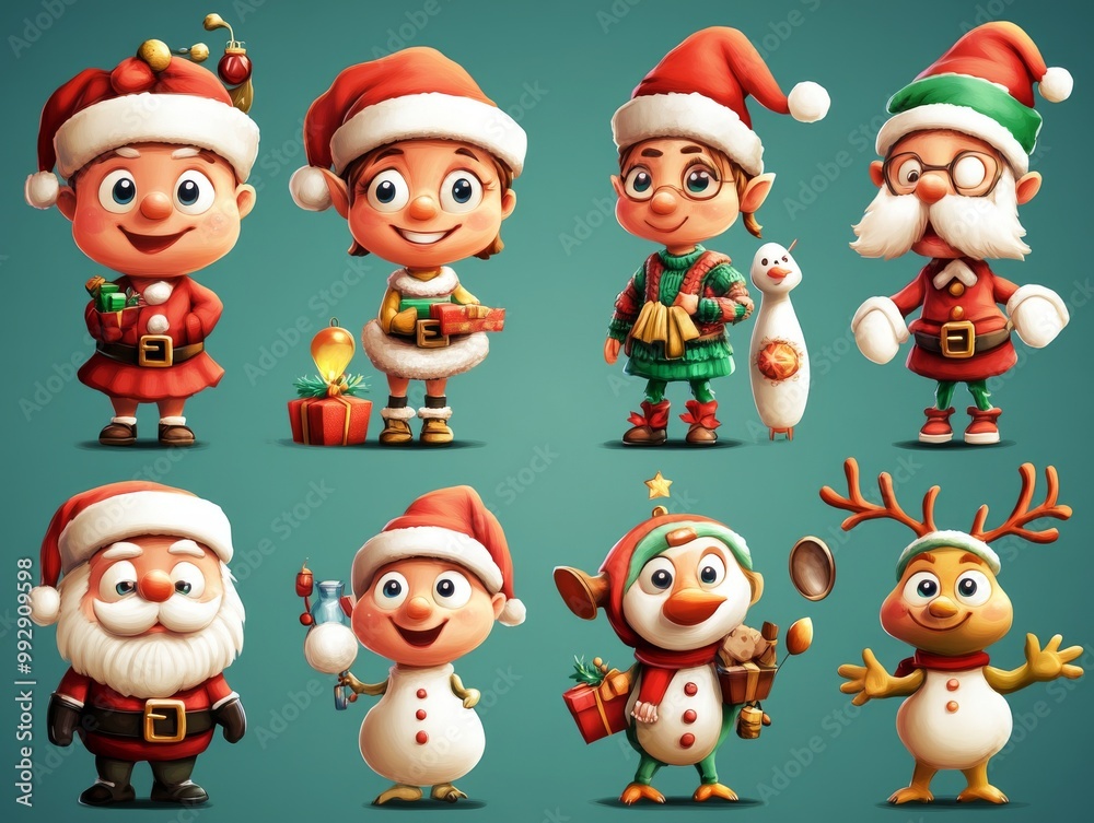 2408 70.A set of playful Christmas and New Year cartoon characters, including Santa Claus, reindeer, elves, and snowmen, all illustrated with vibrant colors and festive expressions. Perfect for 2408 70.A set of playful Christmas and New Year cartoon characters, including Santa Claus, reindeer, elves, and snowmen, all illustrated with vibrant colors and festive expressions. Perfect for