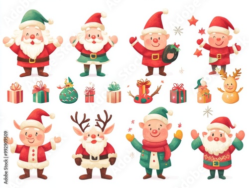 2408 70.A set of playful Christmas and New Year cartoon characters, including Santa Claus, reindeer, elves, and snowmen, all illustrated with vibrant colors and festive expressions. Perfect for