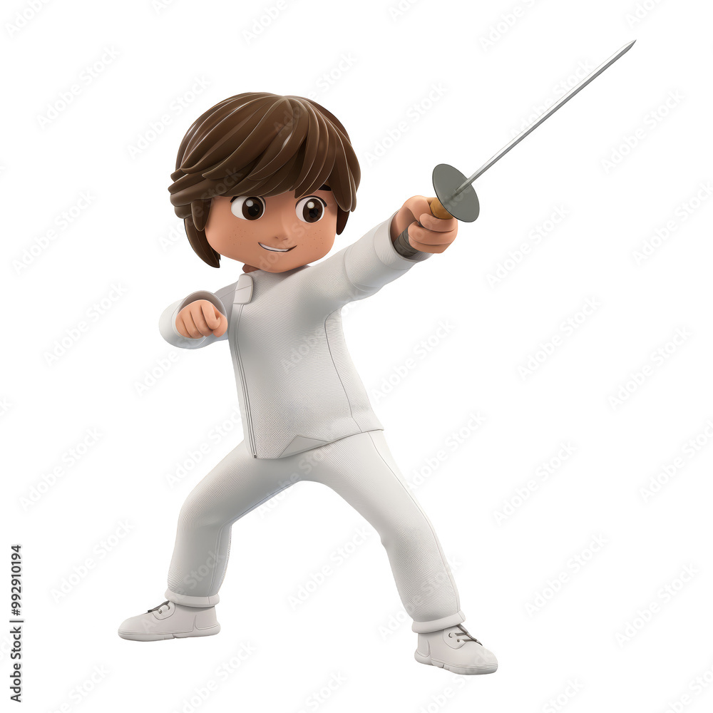 A young boy in a white fencing uniform with a foil in hand, ready to strike. A young boy in a white fencing uniform with a foil in hand, ready to strike.