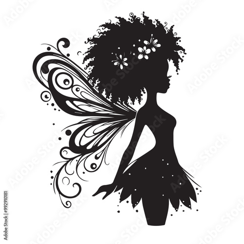 Beautiful Black girl fairy illustration vector silhouette full black color 