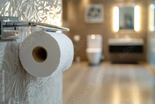 Close-up of a toilet paper roll mounted on a wall in a modern bathroom with a blurred background. Bright and clean interior design. photo