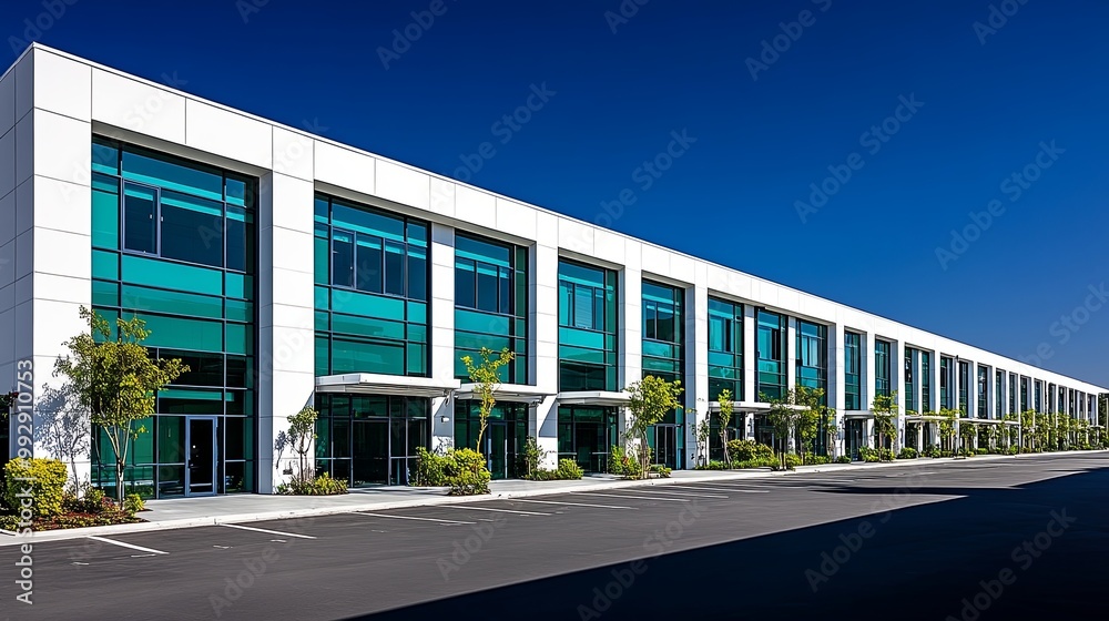 Modern office building with a white facade and large windows reflecting the clear blue sky