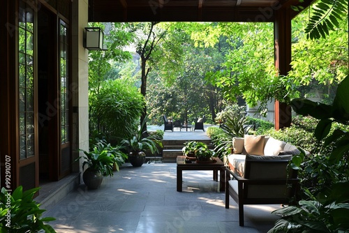 A Sunlit Terrace With Comfortable Seating And Lush Greenery. The Calm Environment Is Perfect For Sipping Tea