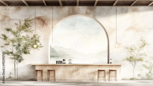 Stylish cafe interior featuring a wooden bar, modern decor, and serene landscape mural, perfect for relaxation and social gatherings.
