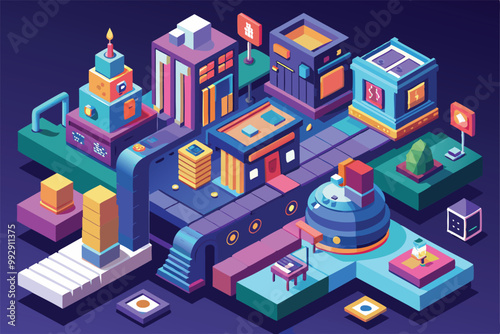 A colorful isometric urban landscape features distinct buildings, pathways, and decorative elements, Customizable isometric illustrations created through code typing.