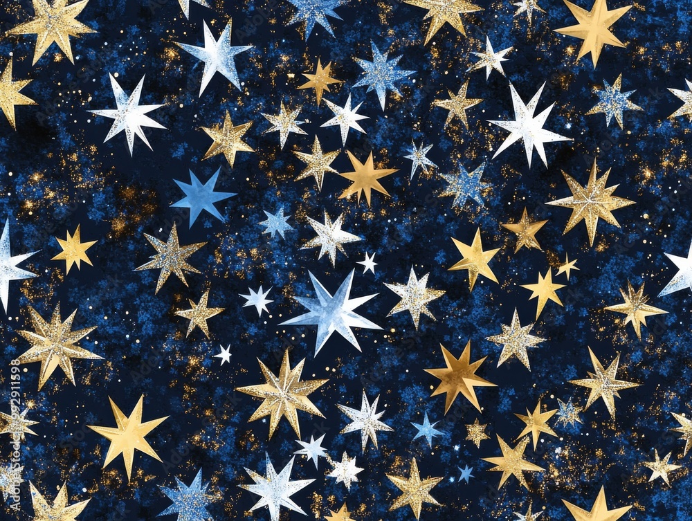 2408 96.A sparkling vector pattern of seasonal Christmas stars in gold, blue, and white, arranged in a festive starburst design. The stars shimmer against a dark background, creating a magical, 2408 96.A sparkling vector pattern of seasonal Christmas stars in gold, blue, and white, arranged in a festive starburst design. The stars shimmer against a dark background, creating a magical,