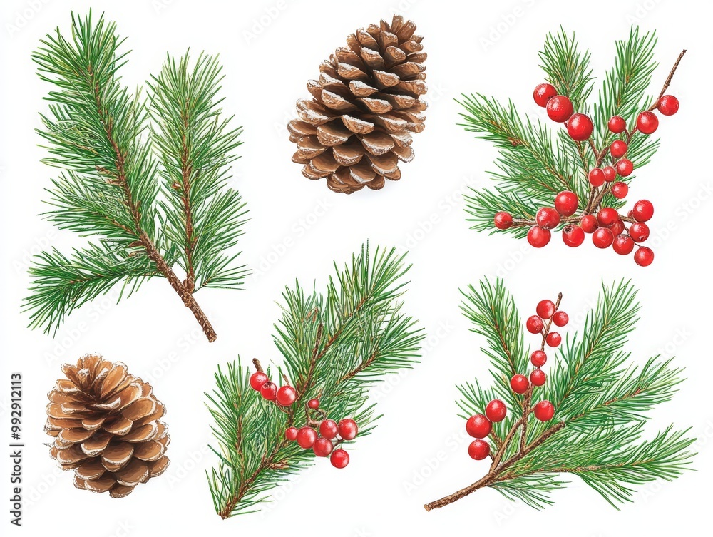 Fototapeta premium 2408 103.A detailed set of pine branches with pine cones and bright red artificial berries isolated on a white background. The combination of the natural green needles and red berries provides a