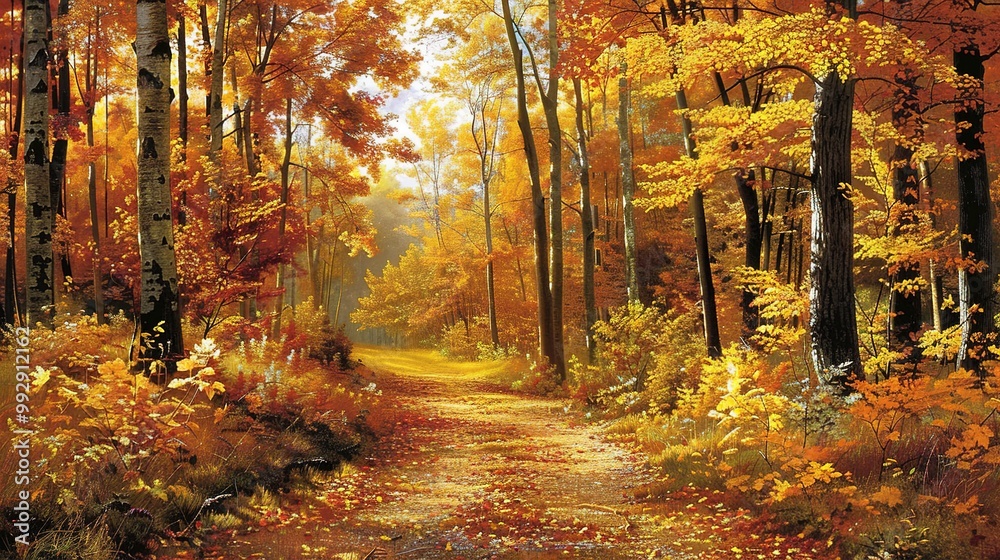 Obraz premium Stunning Natural Autumn Forest Scenery: A Captivating Display of Seasonal Beauty. Explore the Golden Tones and Serene Charm.