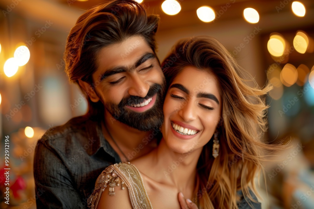 Romantic young couple of Indian ethnicity with smiling faces in a celebration mood Romantic young couple of Indian ethnicity with smiling faces in a celebration mood