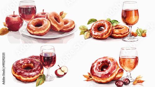 A set of four images of donuts and a glass of wine. The donuts are of different sizes and flavors, and the wine is in a wine glass. The images convey a sense of indulgence and relaxation