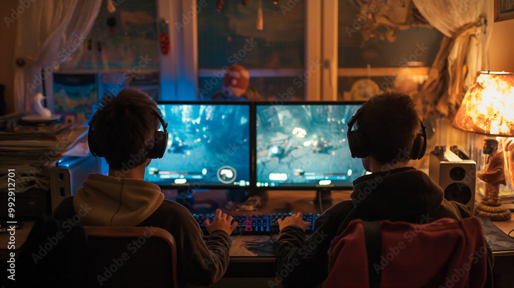 Gaming Buddies. Two young boys engrossed in a video game session, highlighting the camaraderie and shared experience of gaming. Gaming Buddies. Two young boys engrossed in a video game session, highlighting the camaraderie and shared experience of gaming.