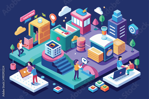 A vibrant urban setting featuring people engaged in various activities around colorful buildings and landscapes, Customizable isometric illustrations for niche service marketplace.