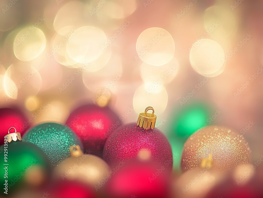 Fototapeta premium 2408 121.An abstract composition of Christmas lights in Arizona, with soft bokeh and vibrant, glowing orbs of red, green, and gold. The lights create a festive holiday atmosphere, blurring into a