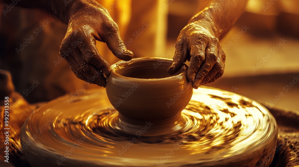 Close-up of hands shaping a pottery vase on a spinning wheel, illuminated by warm golden light, depicting the art of traditional craftsmanship. Close-up of hands shaping a pottery vase on a spinning wheel, illuminated by warm golden light, depicting the art of traditional craftsmanship.