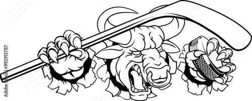 A bull or Minotaur monster longhorn cow angry mean ice hockey mascot cartoon character.