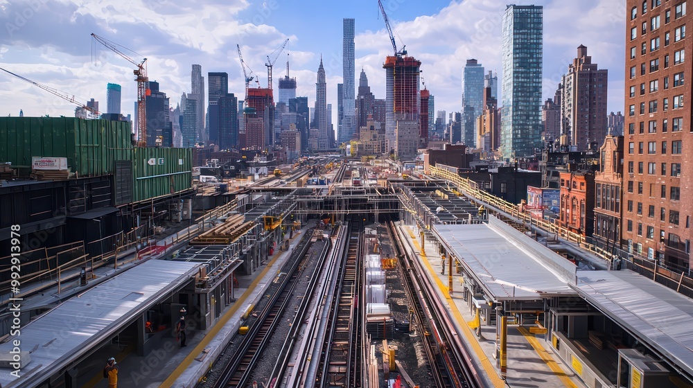 Obraz premium Image of a complex urban transit system expansion, showing new subway stations and extended rail lines under construction in a bustling city