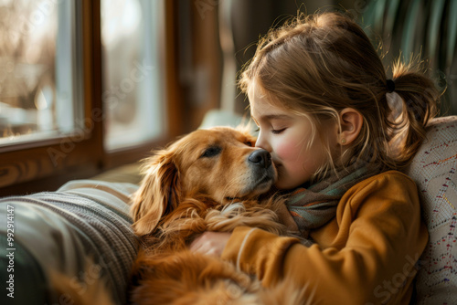 A little girl with love holding a pet dog in her lap at home photo