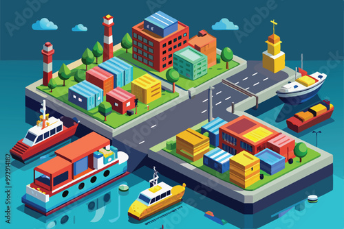 A colorful isometric port features various buildings, boats, and containers, creating a lively harbor atmosphere, Customizable Isometric Port Illustration