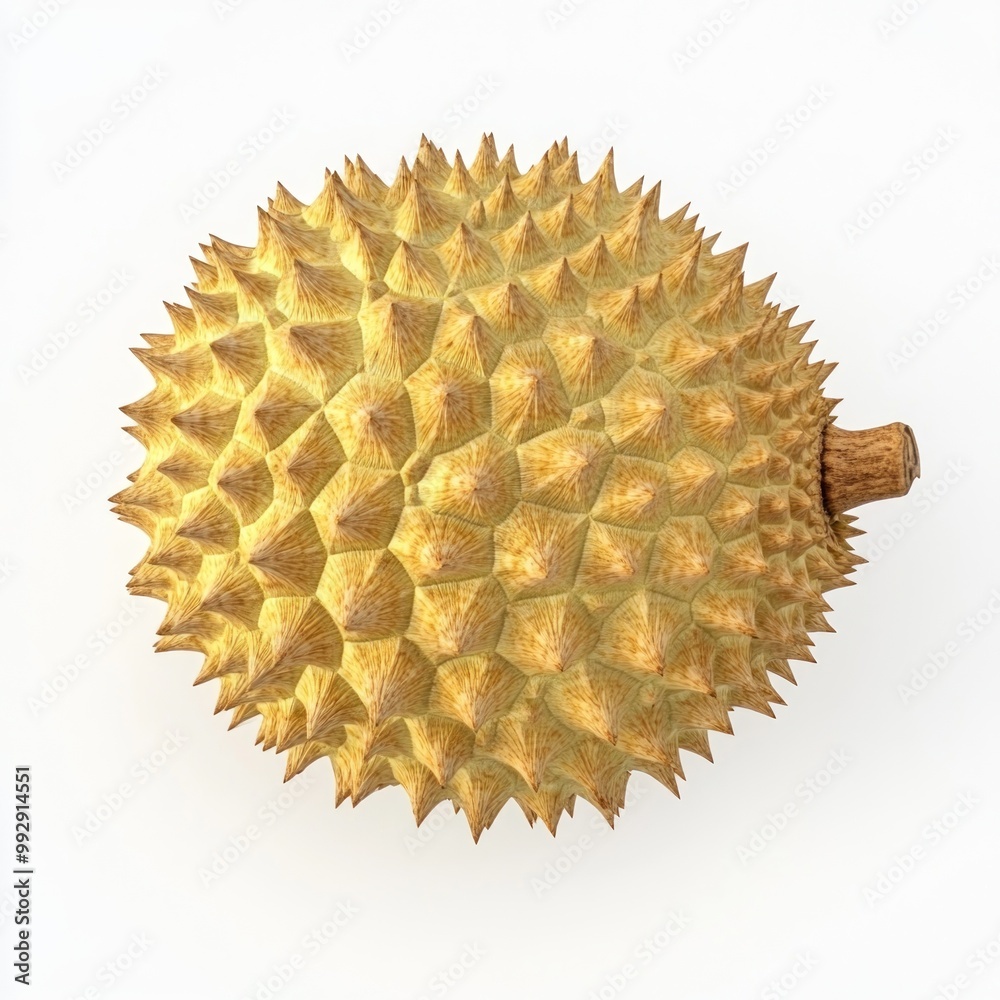 A spiky, yellow durian fruit on a white background. A spiky, yellow durian fruit on a white background.