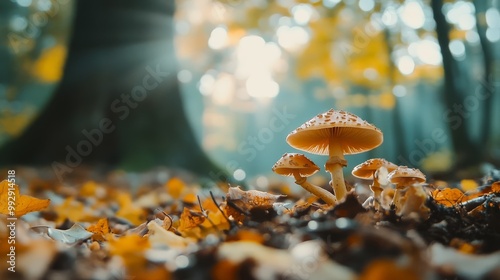 Close-up of mushrooms growing on a forest floor with autumn leaves and sun rays shining through trees in the background. photo