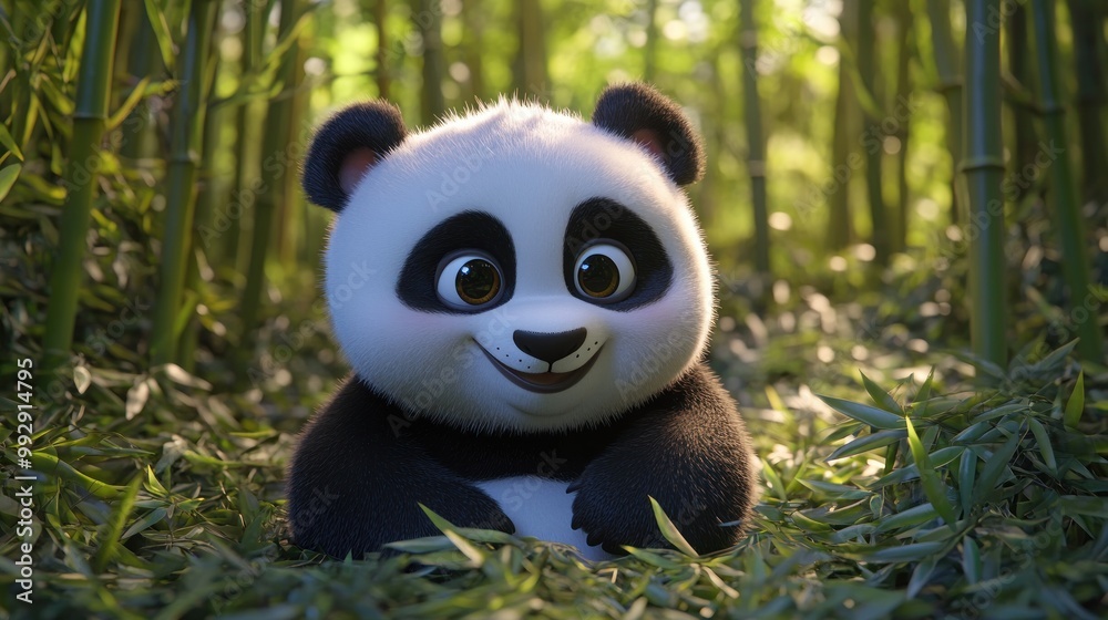 A cute panda sits in a bamboo forest, exuding charm and playfulness.