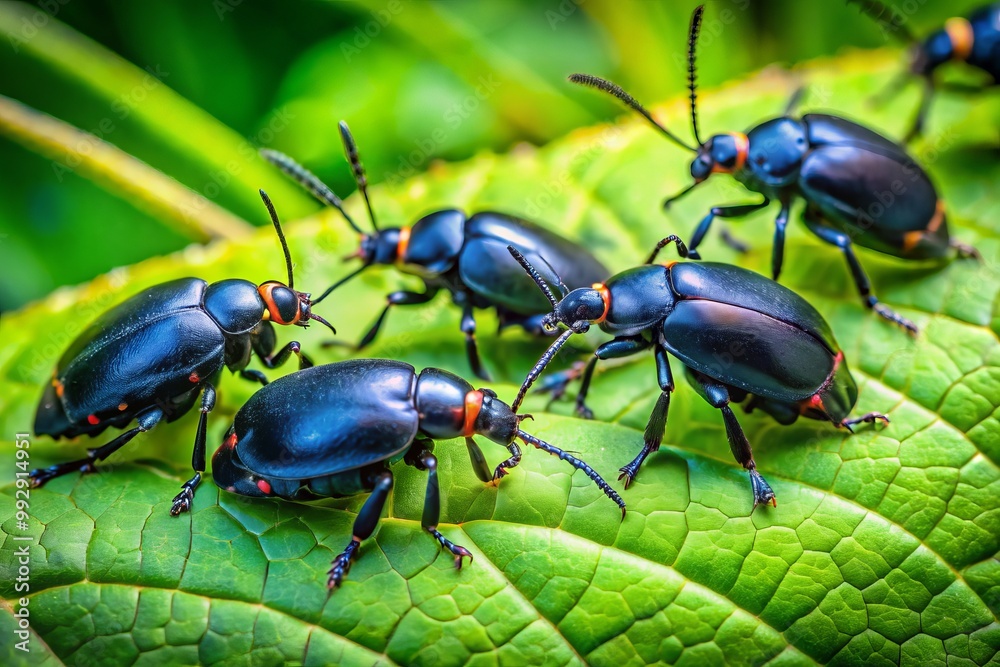 Fototapeta premium Amidst a backdrop of lively greenery, black beetles explore a bright green leaf, their shiny bodies contrasting