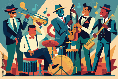 A vibrant jazz band with diverse musicians joyfully playing various instruments at a lively event, Customizable jazz band illustration that is disproportionate.