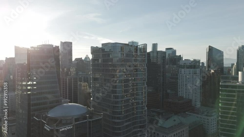 Drone aerial view of buildings downtown Vancouver