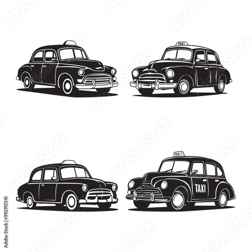 Vintage taxi silhouette vector set illustration in white background