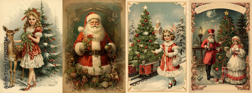 Set of vintage antique style Christmas and holiday greeting cards, Santa Claus, ephemera girls and Chrismas tree illustration