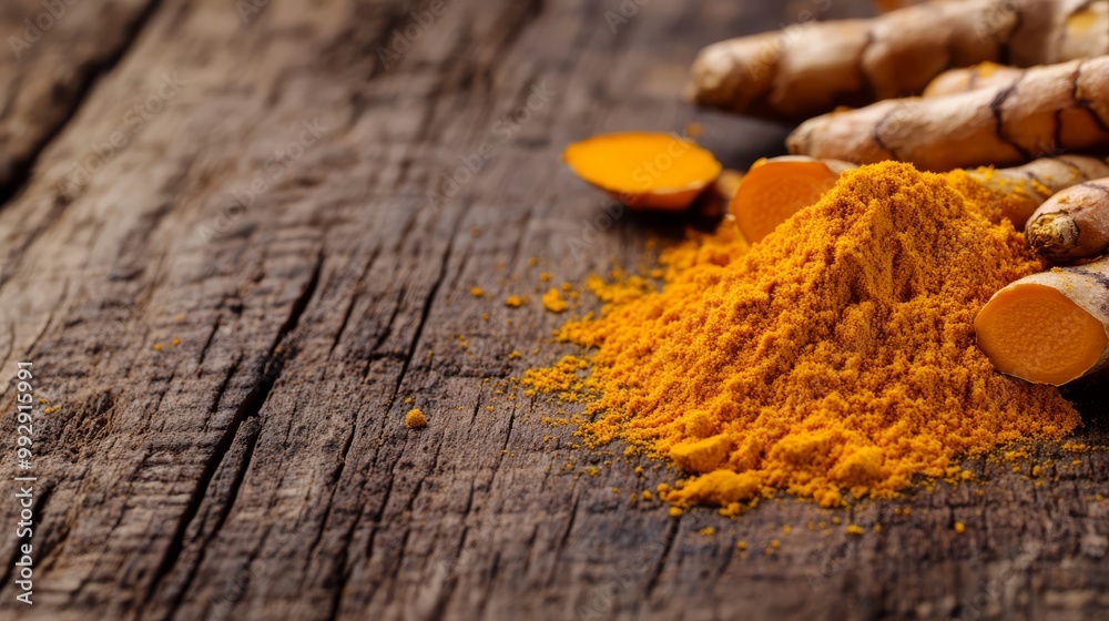 Close-up of turmeric powder and roots on rustic wooden background, showcasing vibrant color and texture. Ideal for culinary and health-related themes. Close-up of turmeric powder and roots on rustic wooden background, showcasing vibrant color and texture. Ideal for culinary and health-related themes.