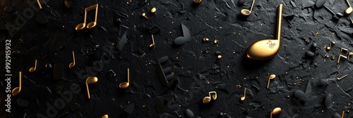 A textured black background adorned with golden musical notes, symbolizing music and creativity. photo