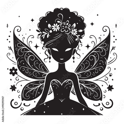 Beautiful Black girl fairy illustration vector silhouette full black color 