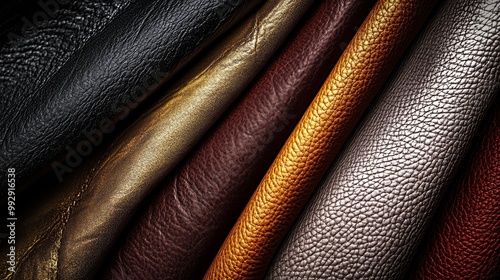 Close-up of various textured leather samples in different colors, showcasing rich details and luxurious material selection for fashion and design.