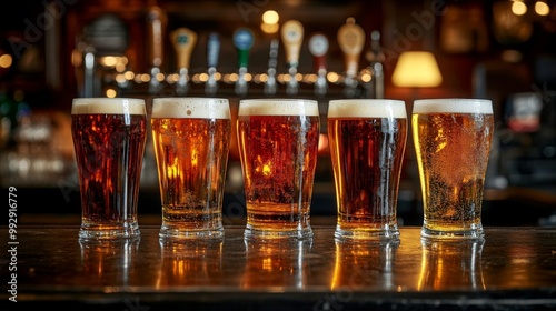 Five glasses of assorted craft beers displayed in a cozy pub setting with warm lighting during the evening