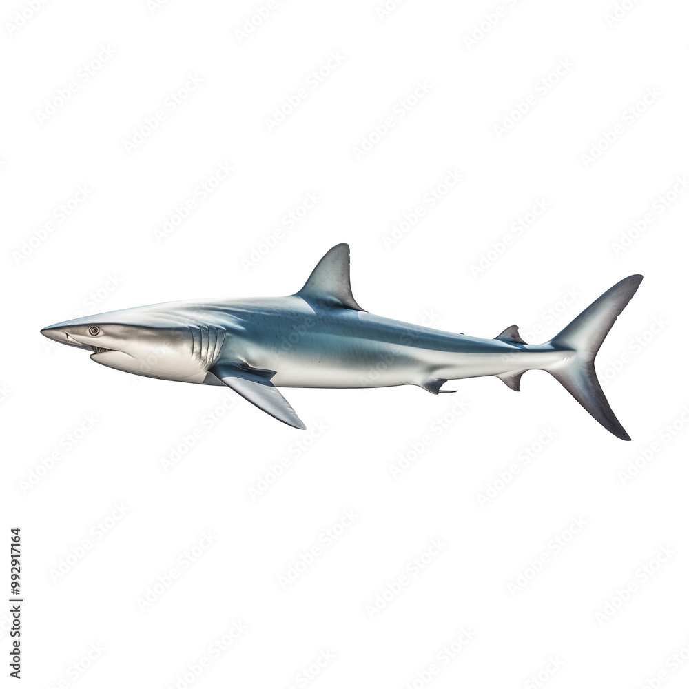 Realistic Gray Shark In Side Profile With Sharp Fins And Tail On White Background Realistic Gray Shark In Side Profile With Sharp Fins And Tail On White Background