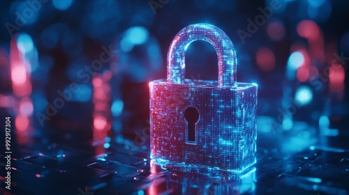 an illuminated padlock on a taxtured blue background representing digital security concept generative ai  photo