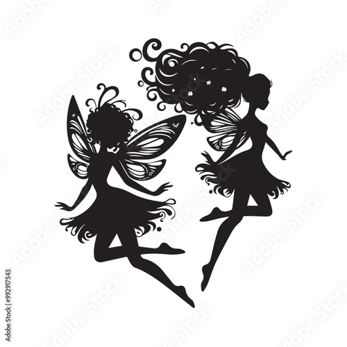 Beautiful Black girl fairy illustration vector silhouette full black color 