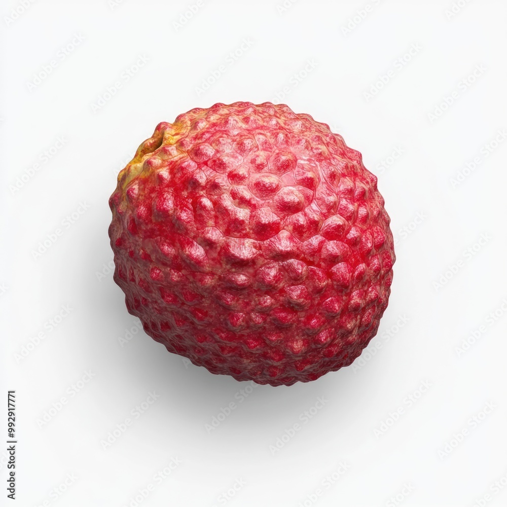 A single lychee fruit with a textured red skin on a white background. A single lychee fruit with a textured red skin on a white background.