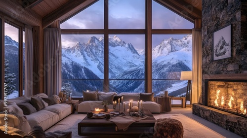 Cozy alpine retreat with a warm, inviting interior and panoramic views of the snowy peaks