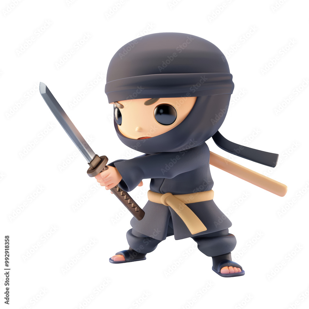 Obraz premium A cartoon ninja in black clothing holds a silver katana sword and stares ahead with determination.
