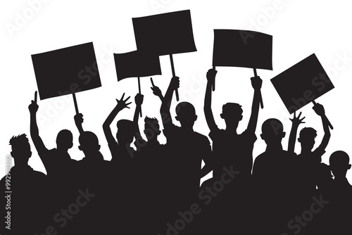 Vector illustration black silhouette of crowd of people at protest rally. People hold banners and placards in their hands.