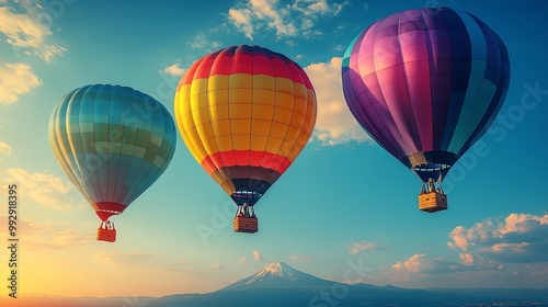 A colorful trio of hot air balloons gracefully ascend against a backdrop of a vibrant blue sky and soft, fluffy clouds.