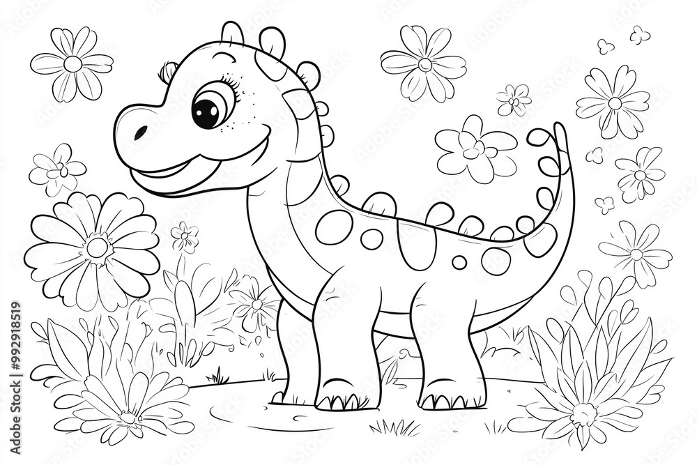 Coloring Page: A smiling dinosaur surrounded by large, simple flowers Coloring Page: A smiling dinosaur surrounded by large, simple flowers