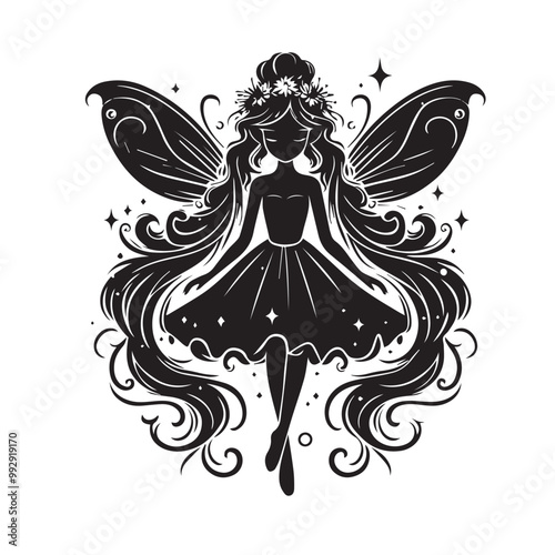 Beautiful Black girl fairy illustration vector silhouette full black color 