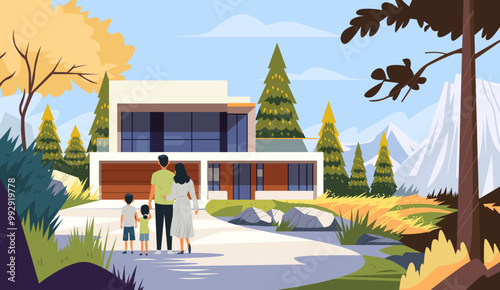 Family standing outside modern house nature scene trees mountains landscape