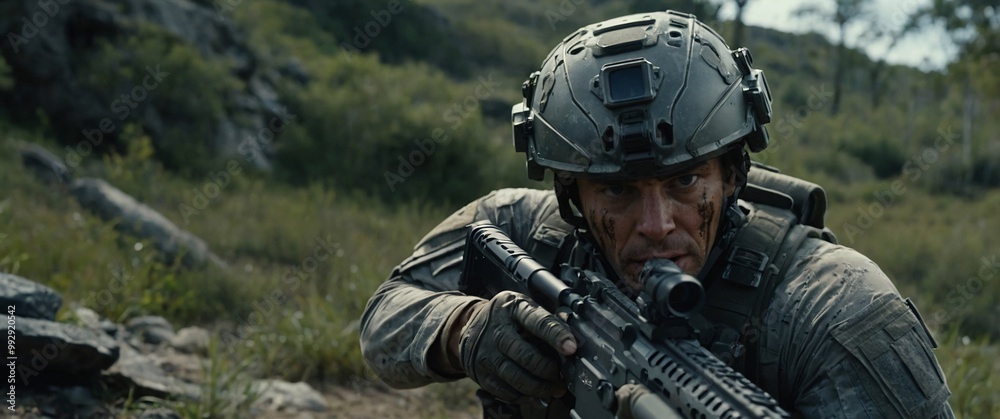 A cyborg soldier fighting in a warzone movie story seen trail cam footage, rear view, wide angle shot, a striking contrast against the soft, blurred background
A cyborg soldier fighting in a warzone movie story seen trail cam footage, rear view, wide angle shot, a striking contrast against the soft, blurred background